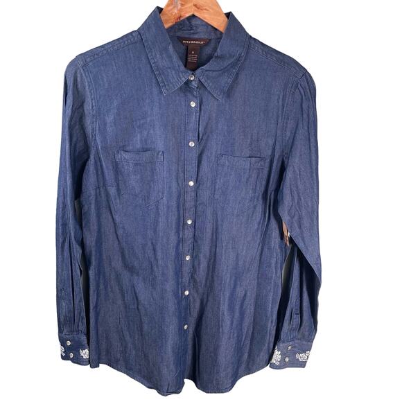 Bit & Bridle Indigo Denim Long Sleeve Button Down Western Women Shirt Size M - Picture 1 of 8